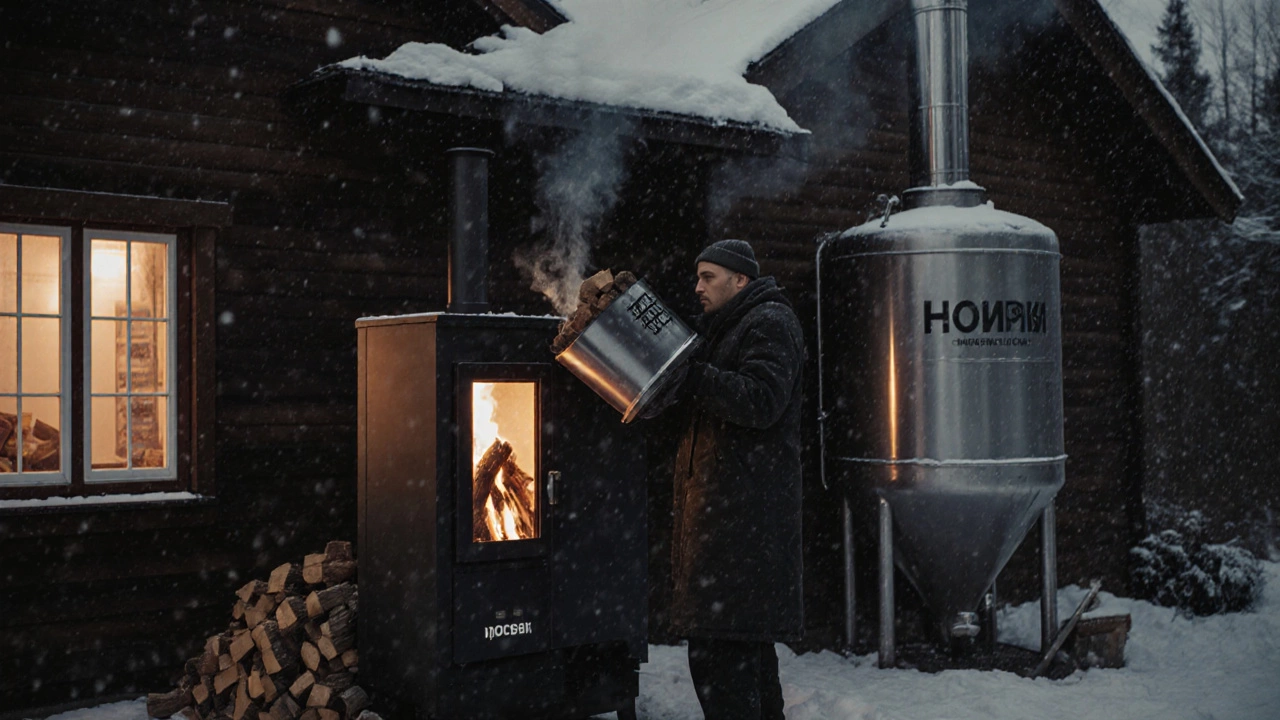 Человек кладет дрова в котел Гейзер на фоне снежного дома