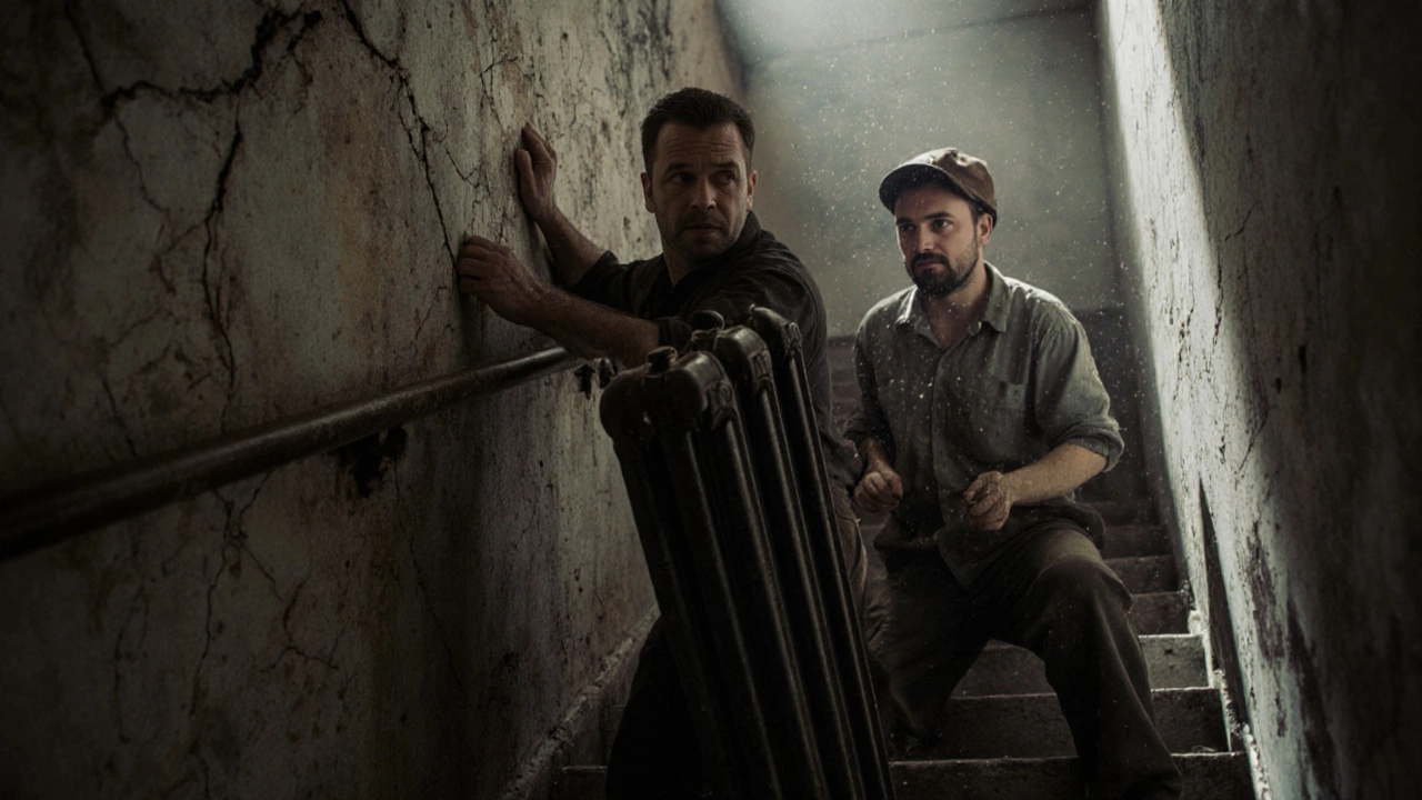 Рабочие спускают тяжелый чугунный радиатор по узкой лестнице в старом доме