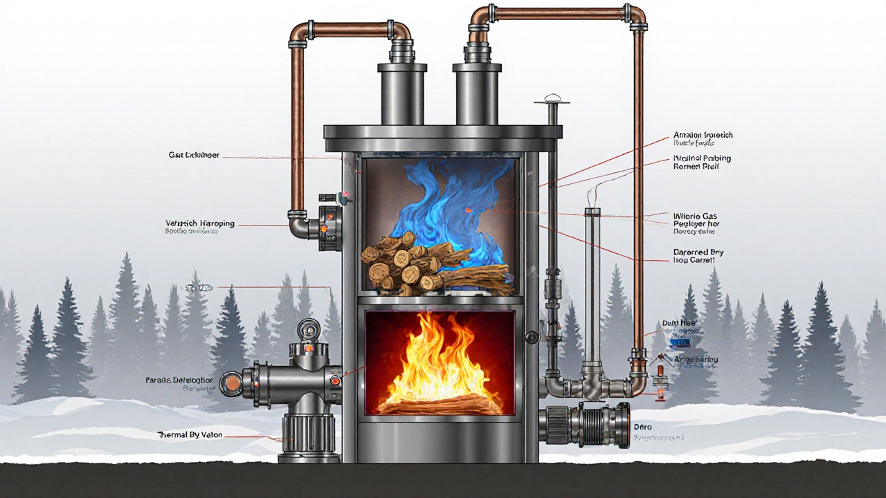 Разрез пиролизного котла с двумя камерами и термодатчиками