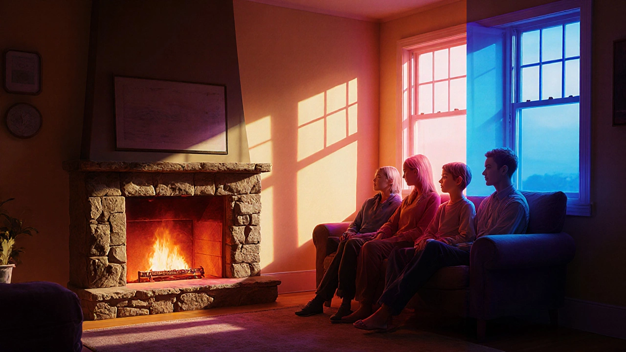 Семья у закрытого камина на южной стене с тепловым изображением.