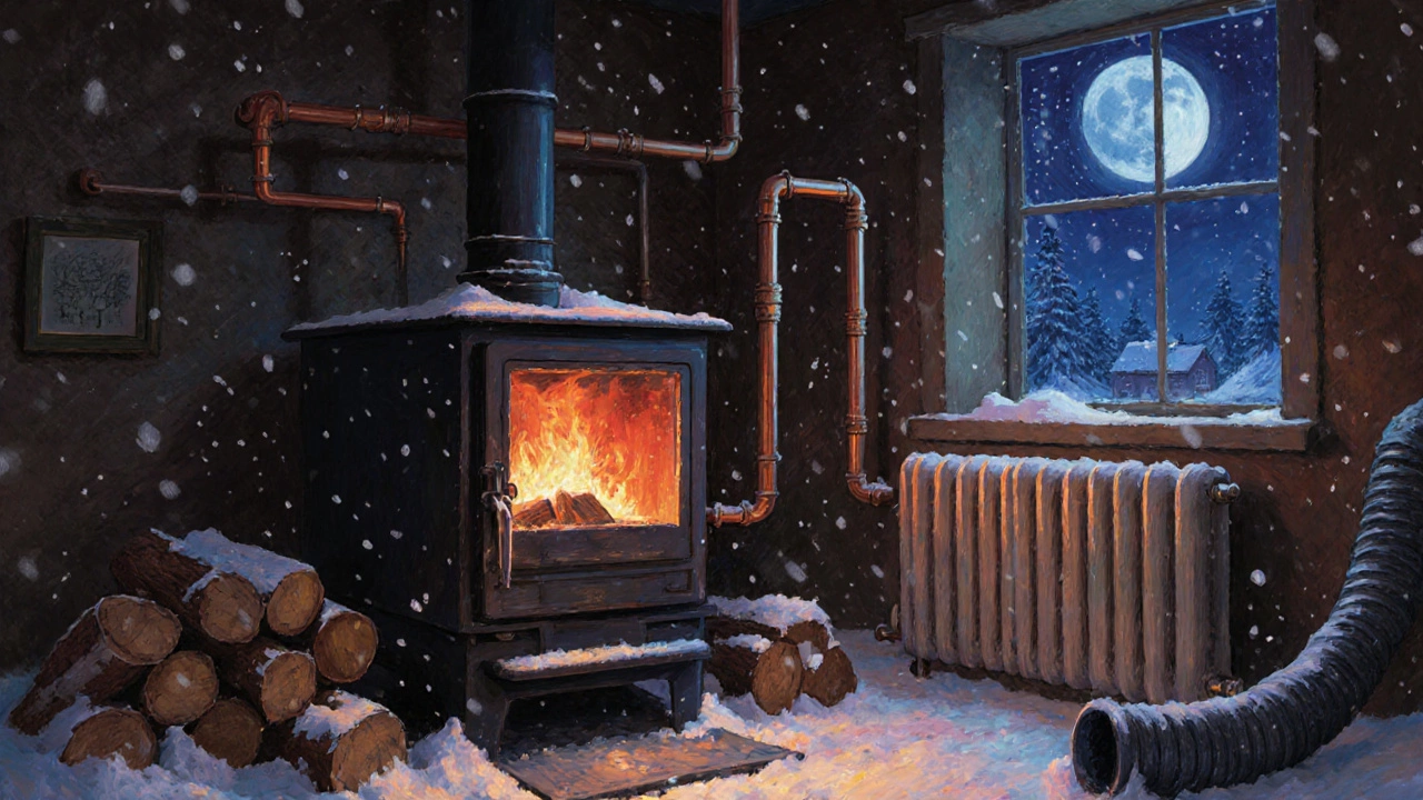 Деревянный котёл с медными трубами и треснувшей пластиковой трубой на фоне зимнего окна.