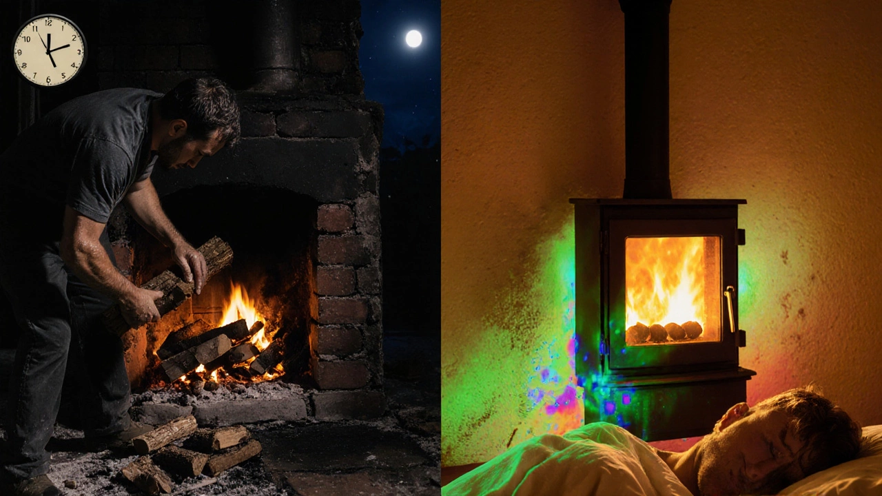 Два сценария: слева — человек топит дровами ночью, справа — он спит, а печь с углём греет дом.