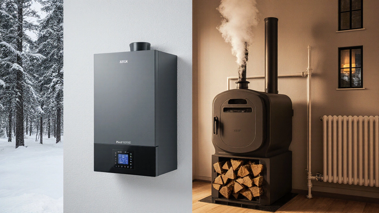 Гибридная система отопления: газовый и дровяной котлы, подключены к одной системе, на фоне лес и город.