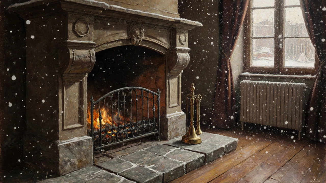 Каменная плита и стальной экран перед дровяным камином в традиционном русском интерьере.