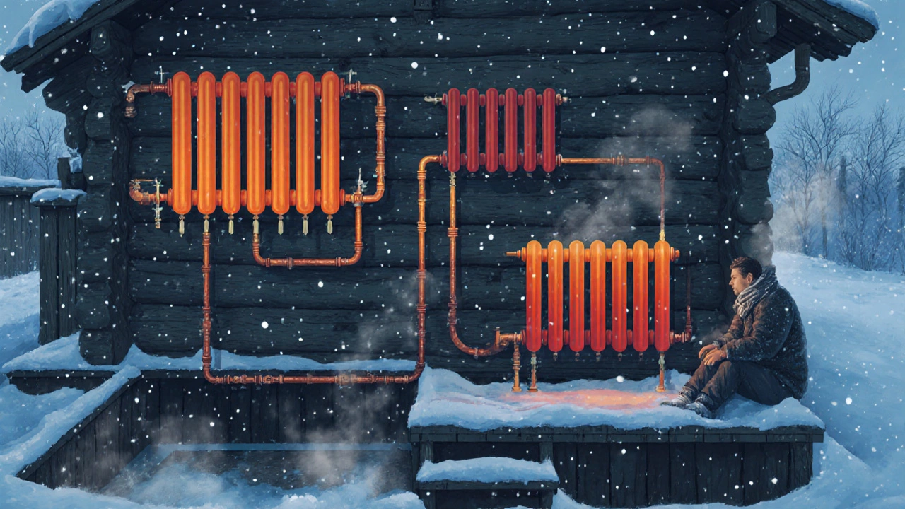 Однотрубная система в дачном доме: труба последовательно проходит через радиаторы, последний холодный, снег за окном.