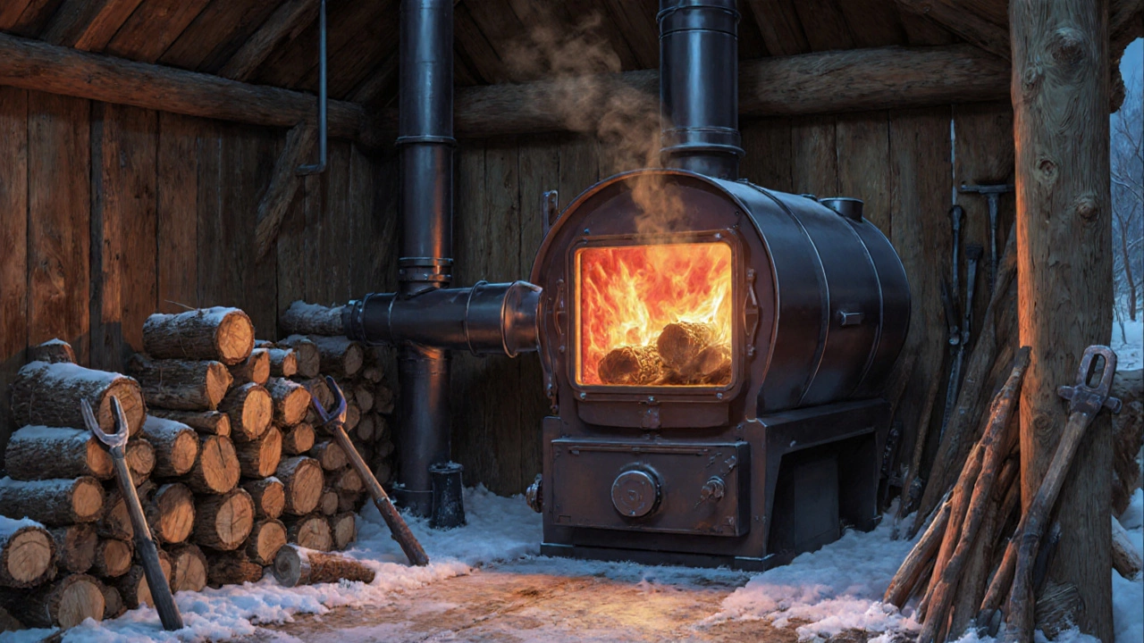 Пиролизный котёл в деревянном сарае, загружают дрова, видно красное свечение в камере сгорания, дымоход и дрова рядом.