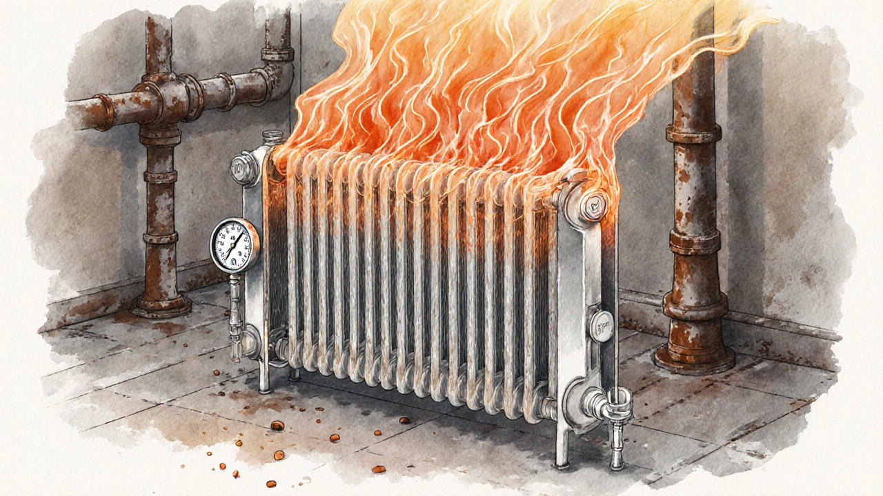 Разрез биметаллического радиатора с стальным сердечником и алюминиевыми ребрами, выделяющего тепло.