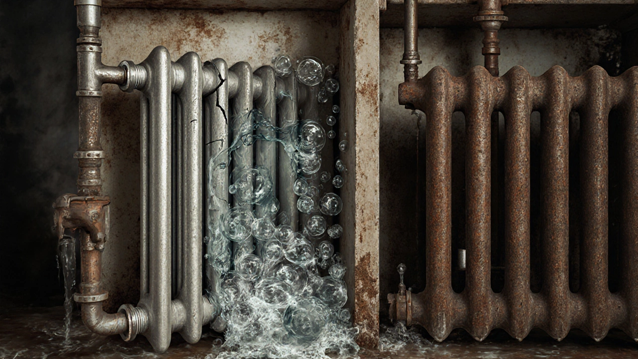 Разрез старой системы отопления: треснувший алюминиевый радиатор рядом с целым чугунным.