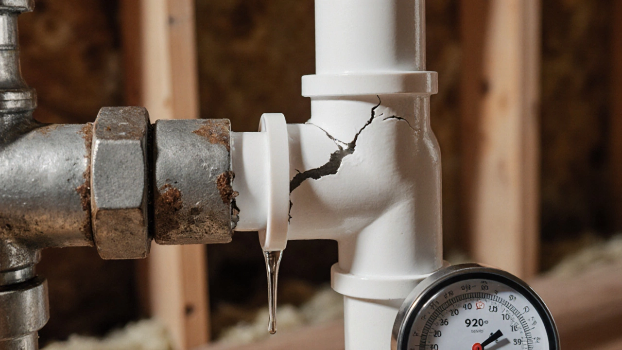 Разрушенный пластиковый стык отопительной системы с капающей водой и высокой температурой.