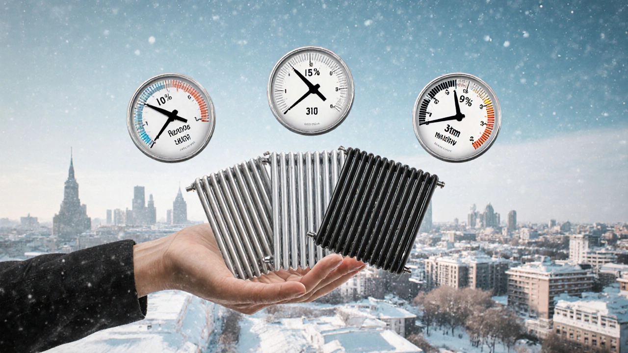 Рука держит три типа радиаторов с индикаторами давления и рисков коррозии на фоне города.