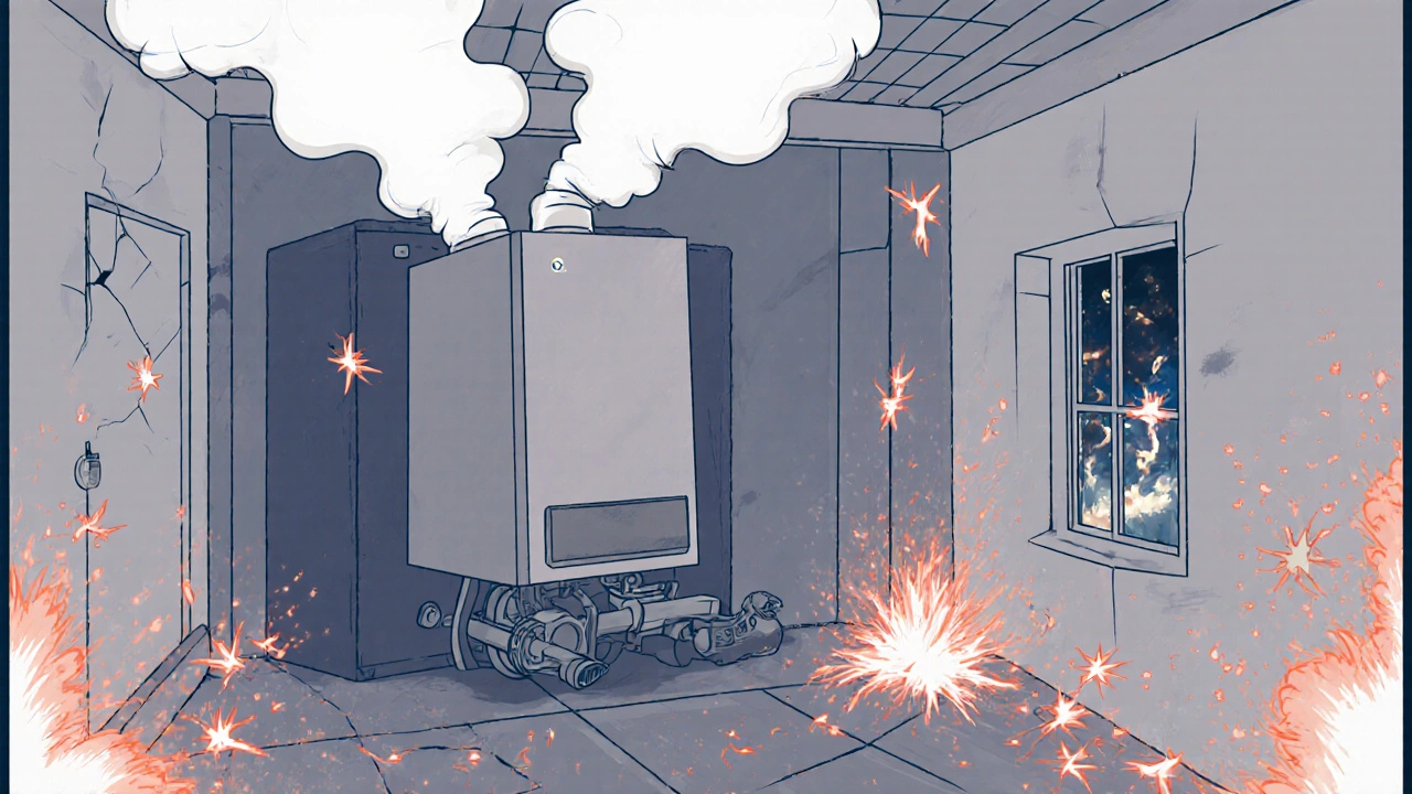 Слишком мощный котел с частыми включениями, теряющий тепло через старые окна и стены.