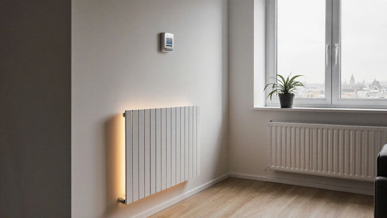 Современный алюминиевый радиатор в светлой новостройке с термостатом и большим окном.