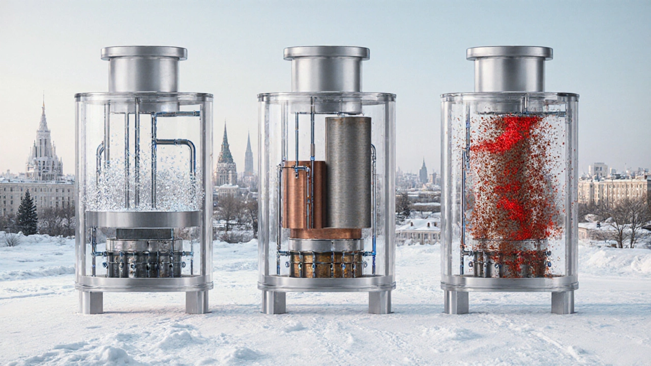 Сравнение материалов теплообменника: сталь, чугун и медь с визуализацией коррозии и конденсации.