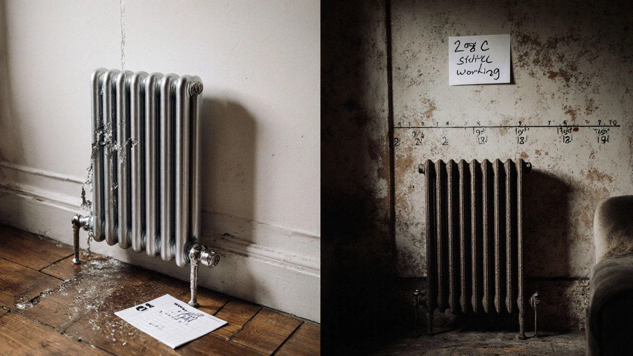 Сравнение: треснувший алюминиевый радиатор слева и надёжный чугунный справа с надписью &#039;1978 — работает&#039;.