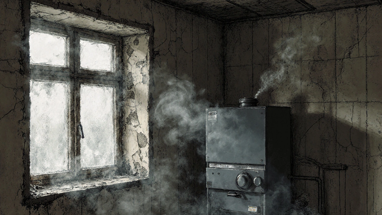 Старый панельный дом с одинарными окнами и мощным котлом, работающим на пределе.