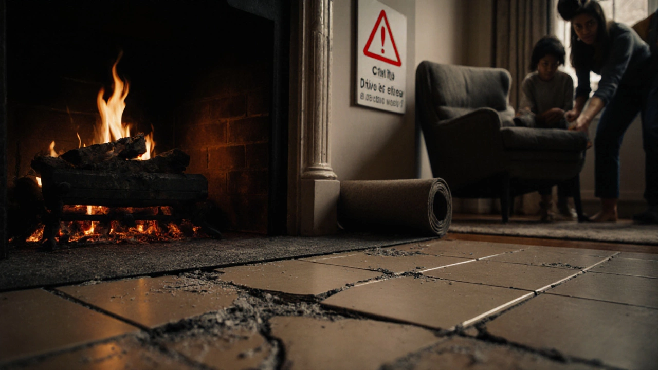 Трещина в керамической плитке рядом с угольками, семья убирает мебель от опасной зоны.