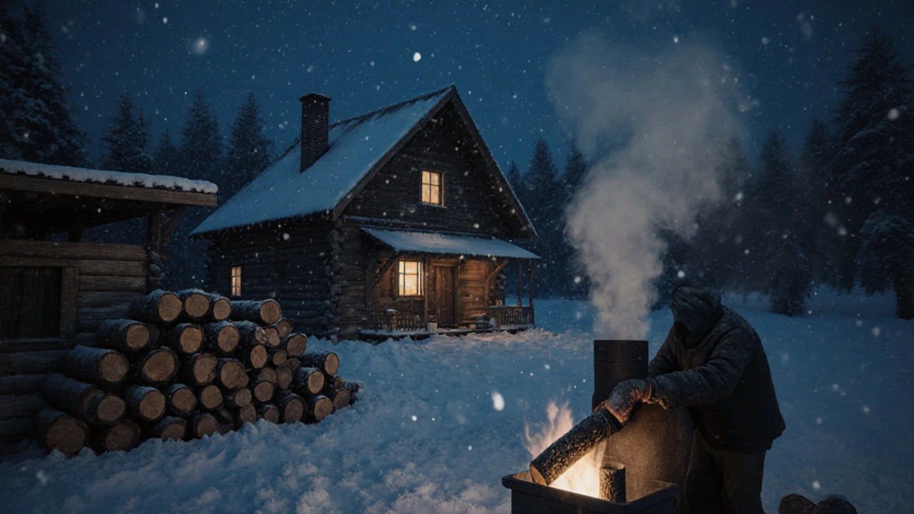 Зимний дом с тонким паром из трубы и стопкой сухих дров под навесом при лунном свете.