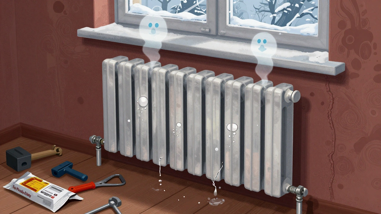 Алюминиевый радиатор с пузырями коррозии и каплями воды в интерьере квартиры.