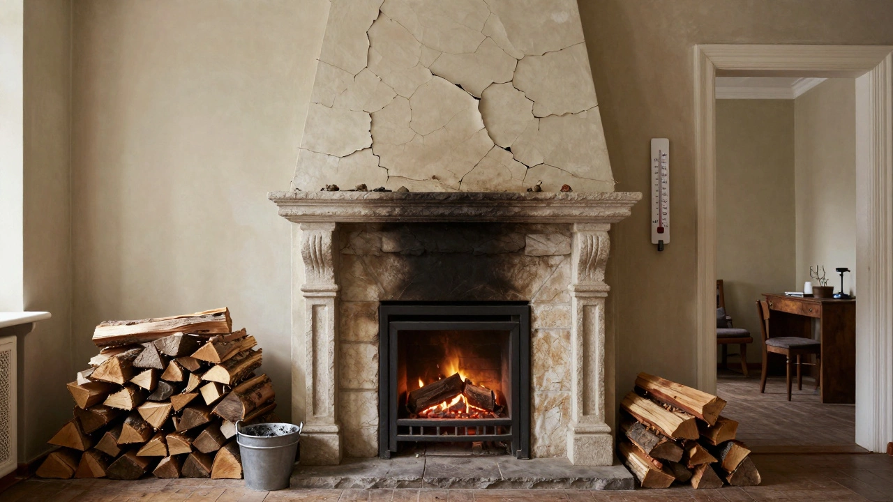 Камин в старой квартире с дровами и золой, температура в соседней комнате 14°C.