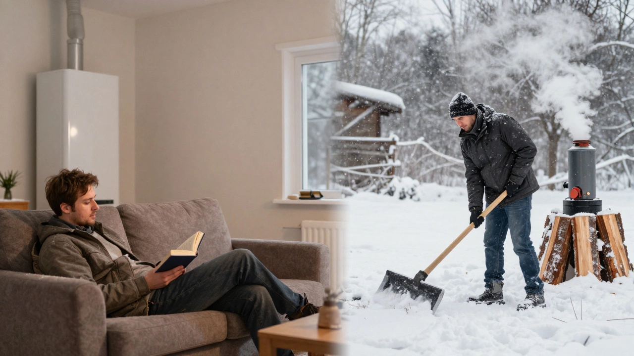 Контраст: человек отдыхает у газового котла и трудится у дровяного котла в снегу.