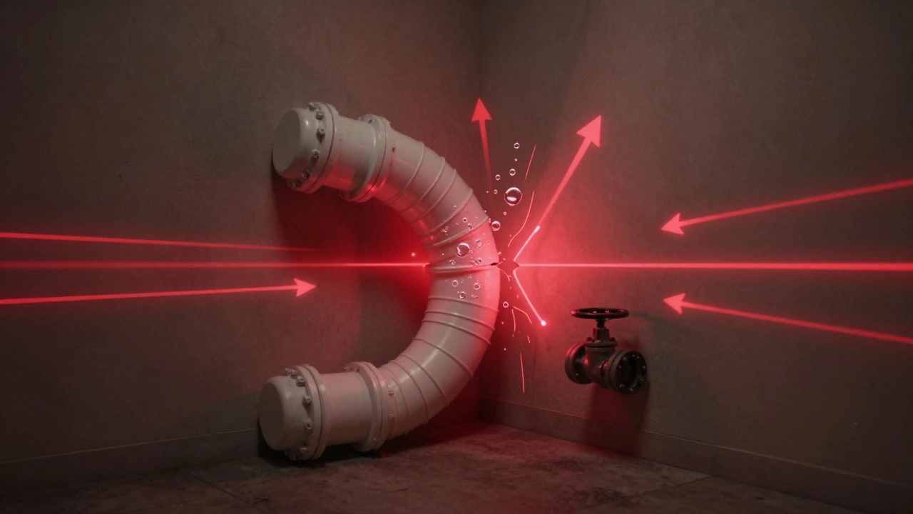 Напряженная труба в углу, окруженная невидимыми силами: тепло, воздух, гидроудар — все ведет к трещине.