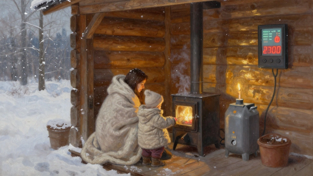 Пеллетный котел в деревянном доме за городом, семья отдыхает в тепле под одеялами.