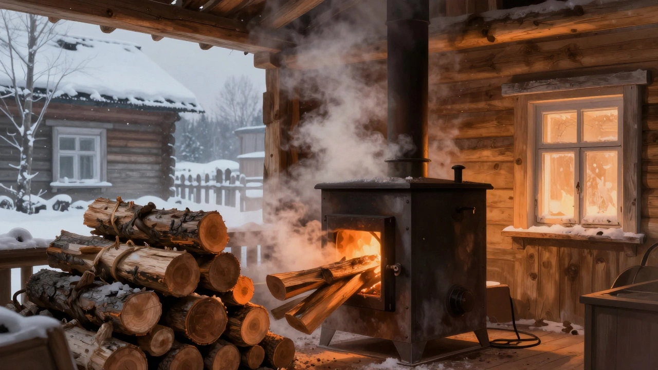 Пиролизный котел в деревянном доме, загрузка дров утром, теплое свечение из топки, снег за окном.