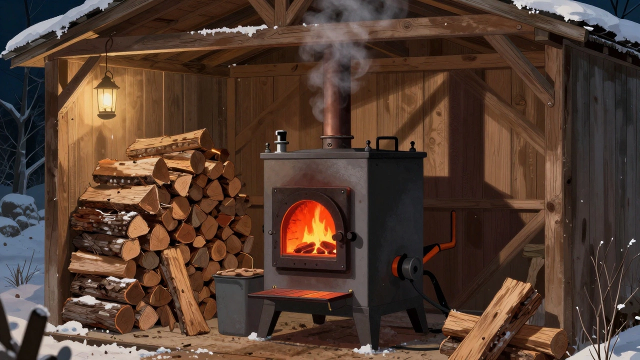 Пиролизный котёл в деревянном сарае, сухие дрова и красные пламена внутри камеры.