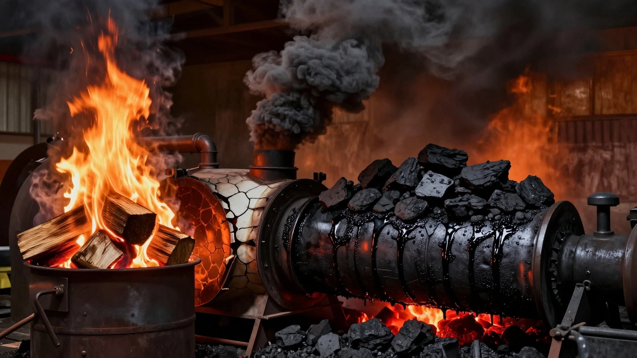 Пиролизный котел, заполненный углем, с дымом и трещинами внутри, символизирующий опасность.
