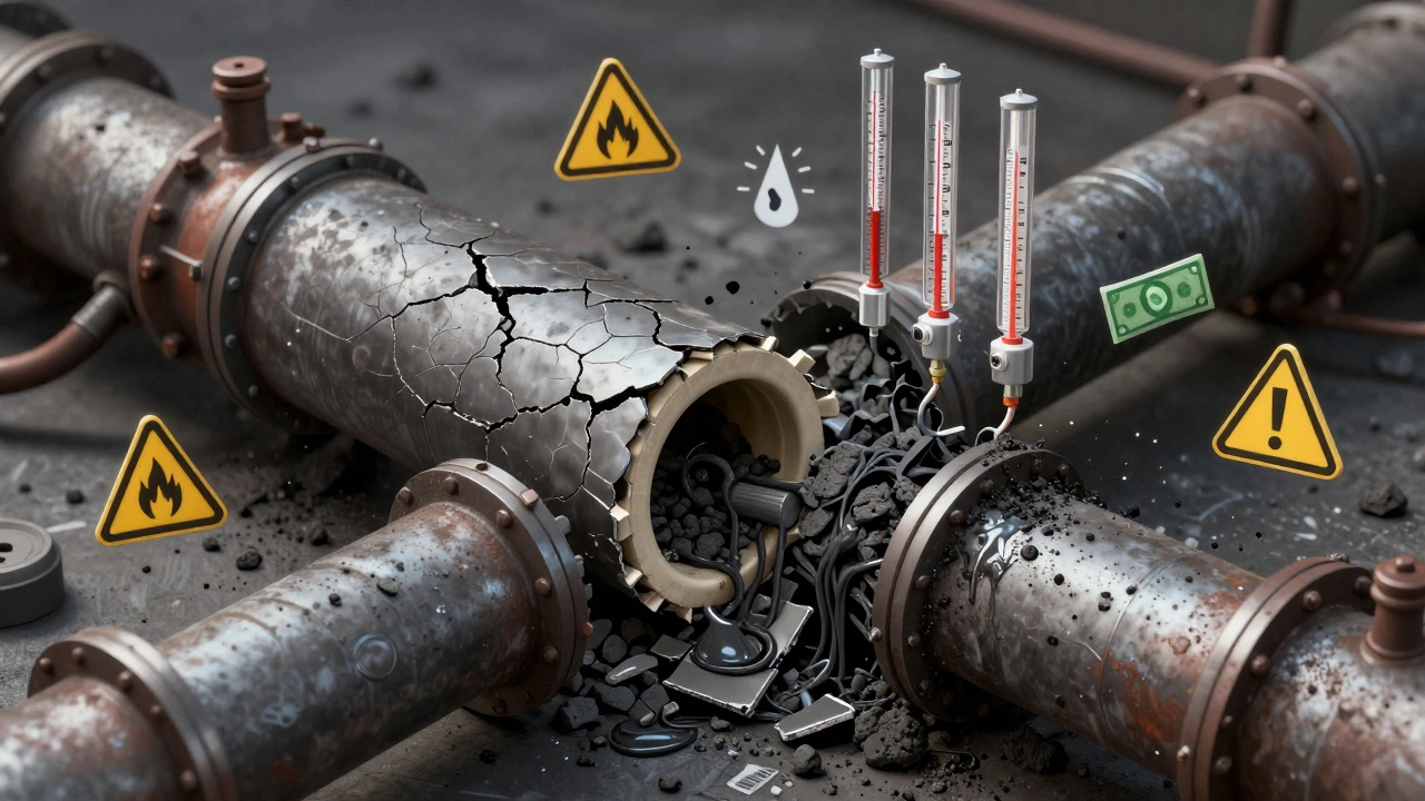 Разрушенный пиролизный котел с повреждёнными деталями и предупреждающими символами.