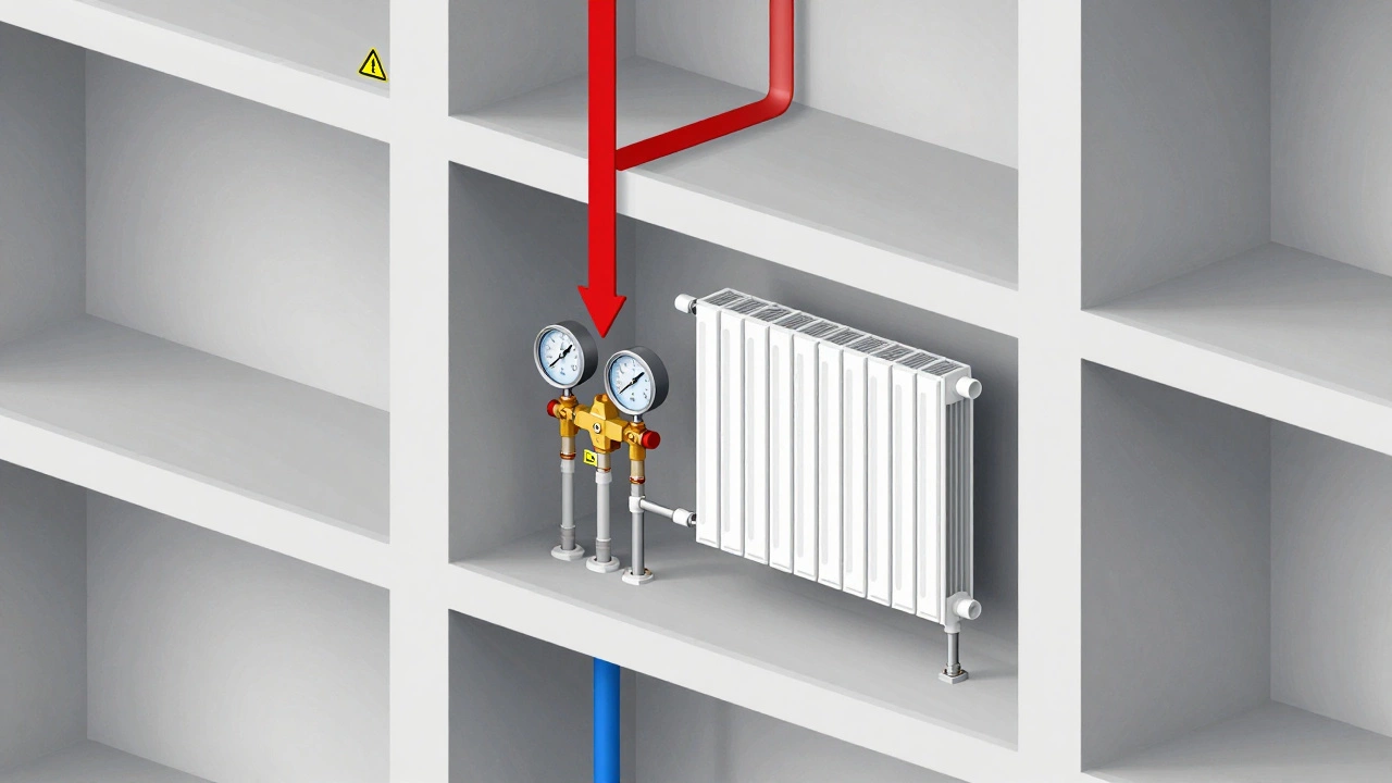Схема системы отопления многоквартирного дома с выделенной заменой радиатора и указанием давления в трубах.