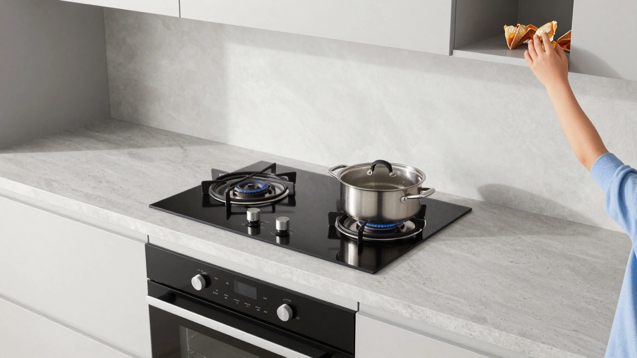 Современная индукционная варочная панель и встраиваемая духовка на уровне глаз.