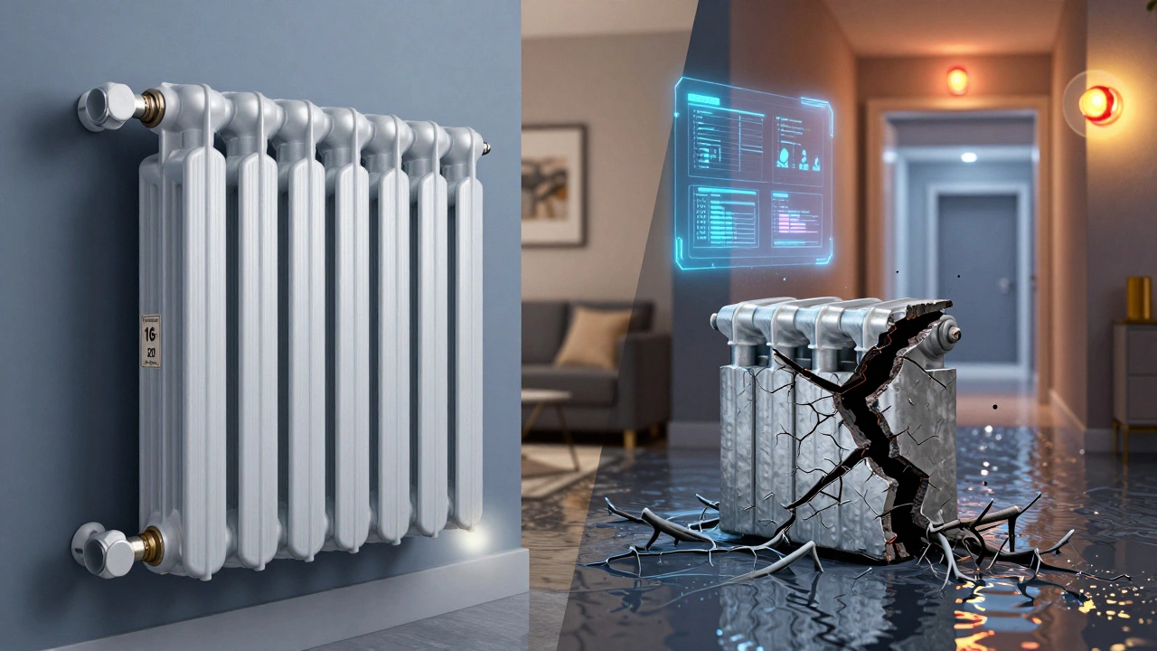 Сравнение надежного и дешевого биметаллического радиатора с указанием давления.