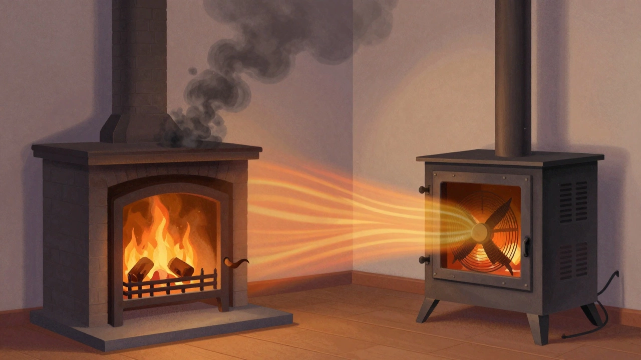 Сравнение открытого и закрытого камина: один теряет тепло, другой распределяет его по комнате.