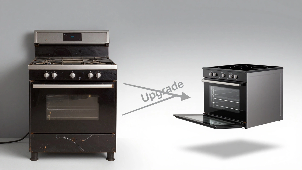 Сравнение старой плиты и современной варочной панели с духовкой.