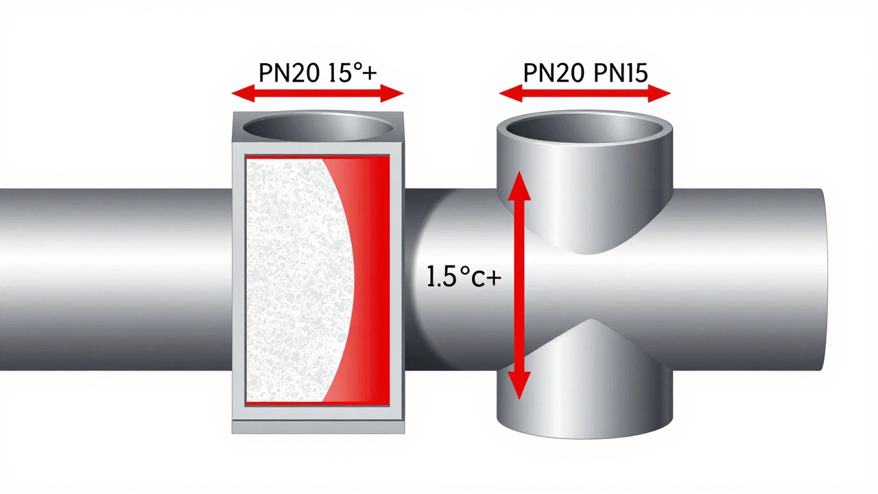 Сравнение внутреннего строения труб PN20 и PN25 с указанием пределов температуры и давления.