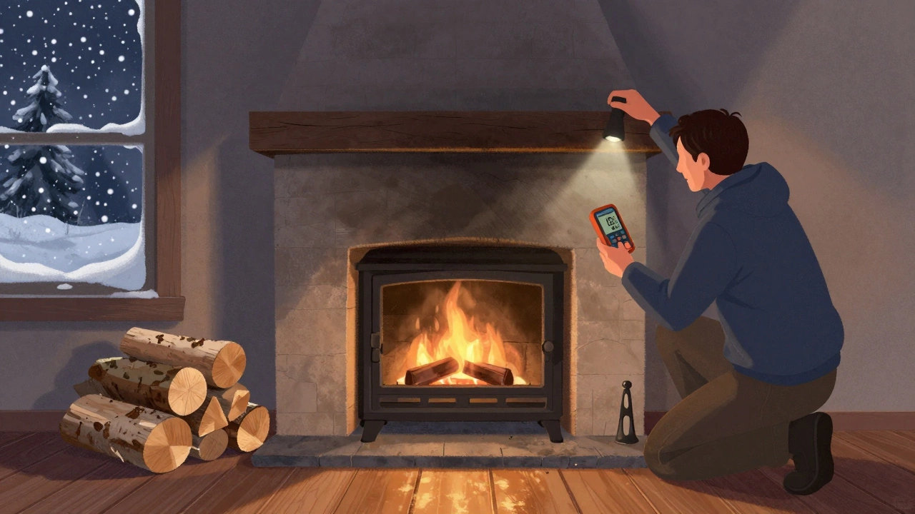 Человек проверяет влажность дров с помощью прибора перед розжигом камина, за окном зима.