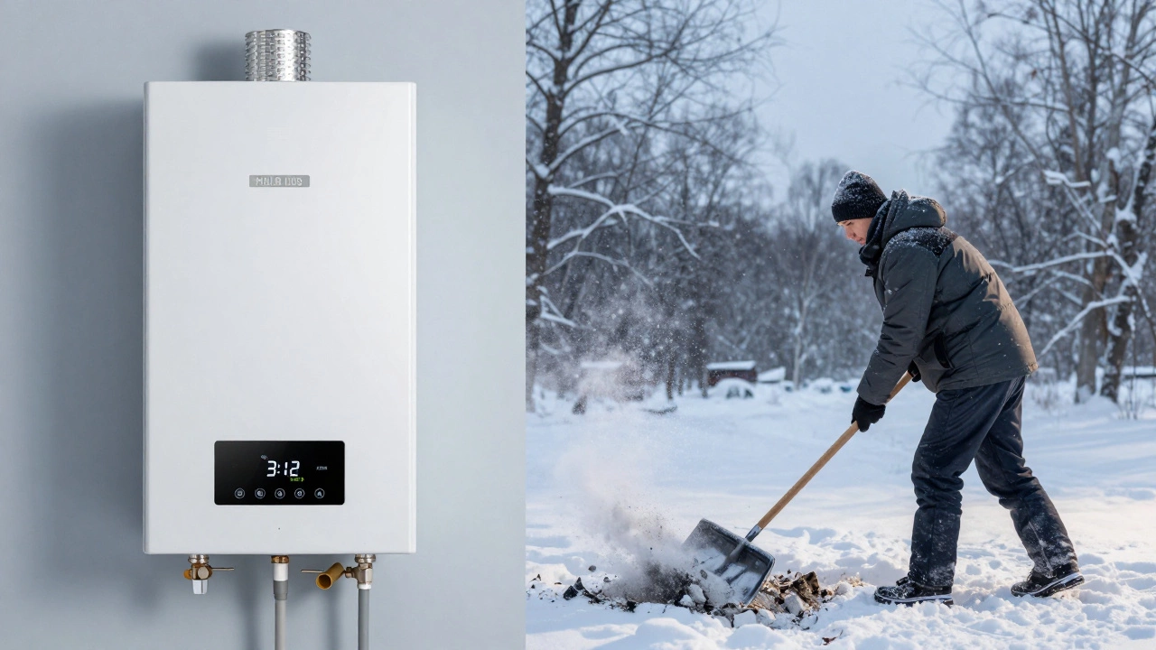 Два сценария отопления: слева — автоматический газовый котел, справа — человек в холоде чистит зольник.