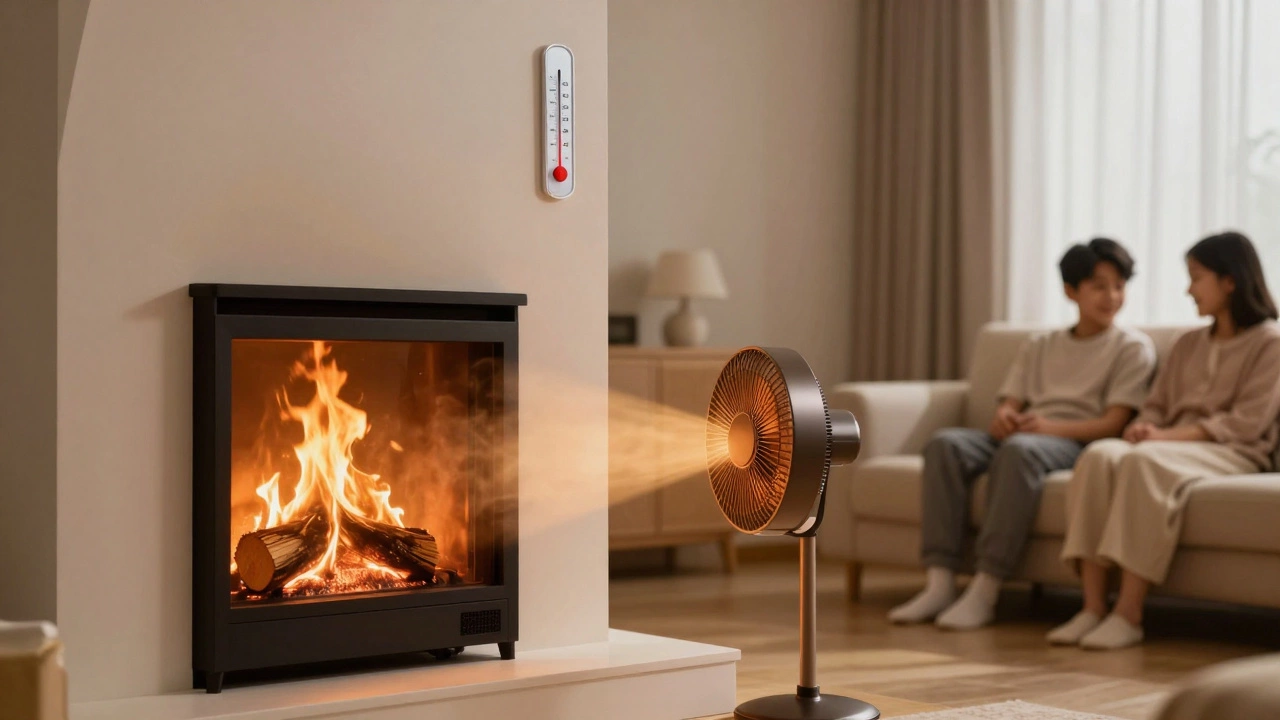 Электровентилятор распределяет тепло от камина по комнате, семья отдыхает у огня в уютной обстановке.