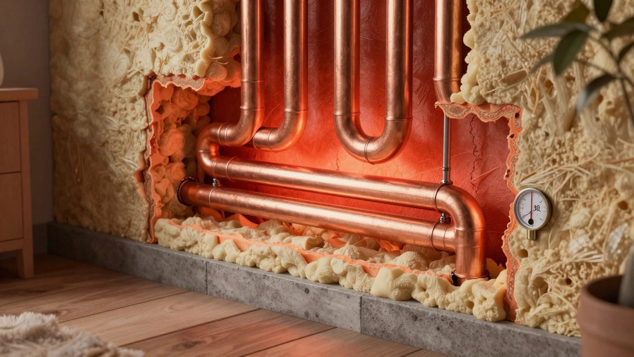 Медные трубы в стене с утеплением, излучающие тепло, видны в разрезе с бетонной стяжкой и термометром.