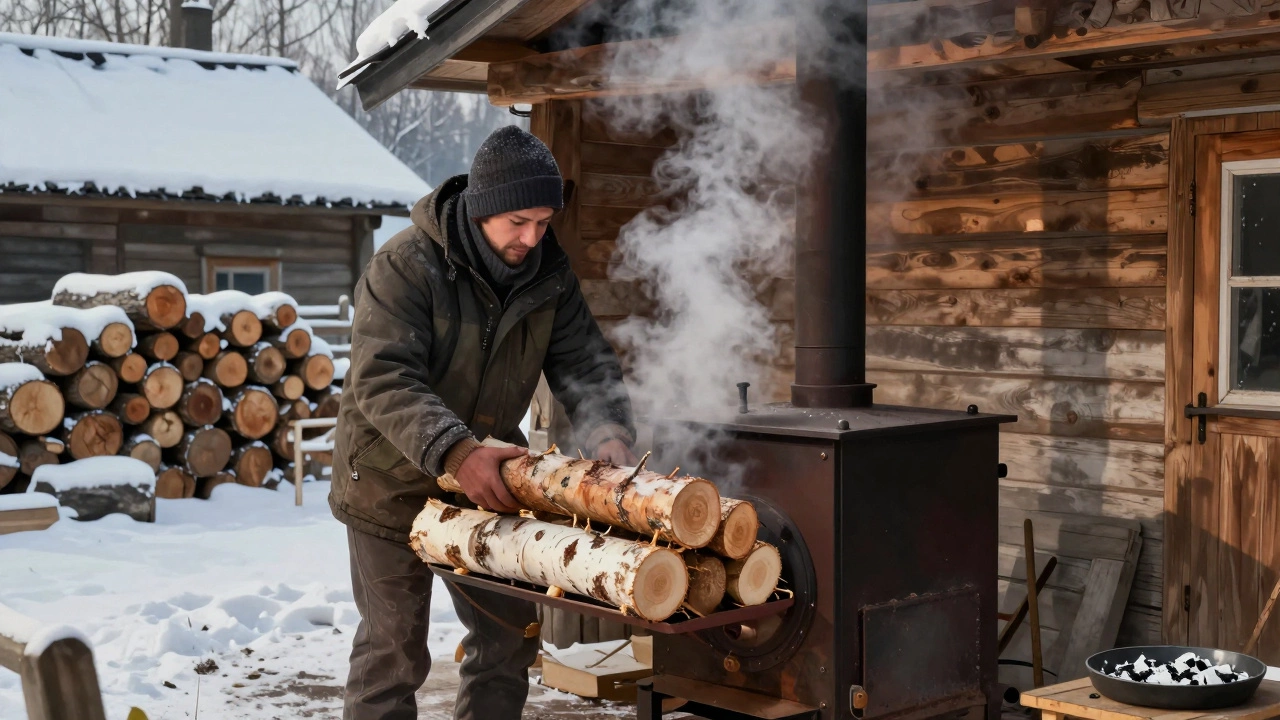 Мужчина закладывает дрова в пиролизный котел в деревянном доме, за окном снег, утро.