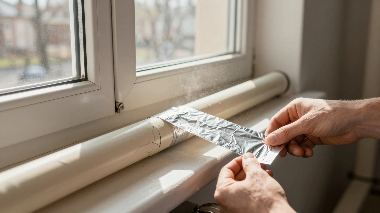 Поврежденные солнцем трубы в коридоре, пока мастер оборачивает их защитной лентой.