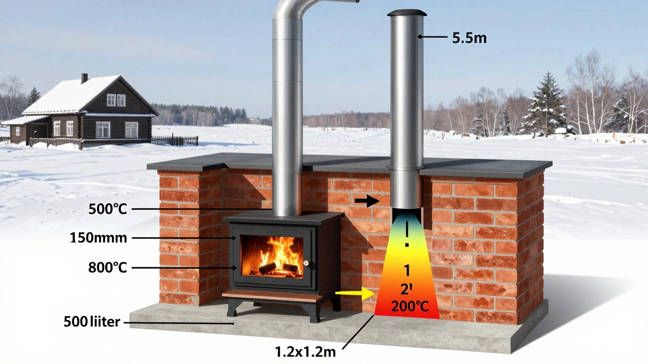 Схема печи с указанием объема топки, дымохода и фундамента в разрезе.