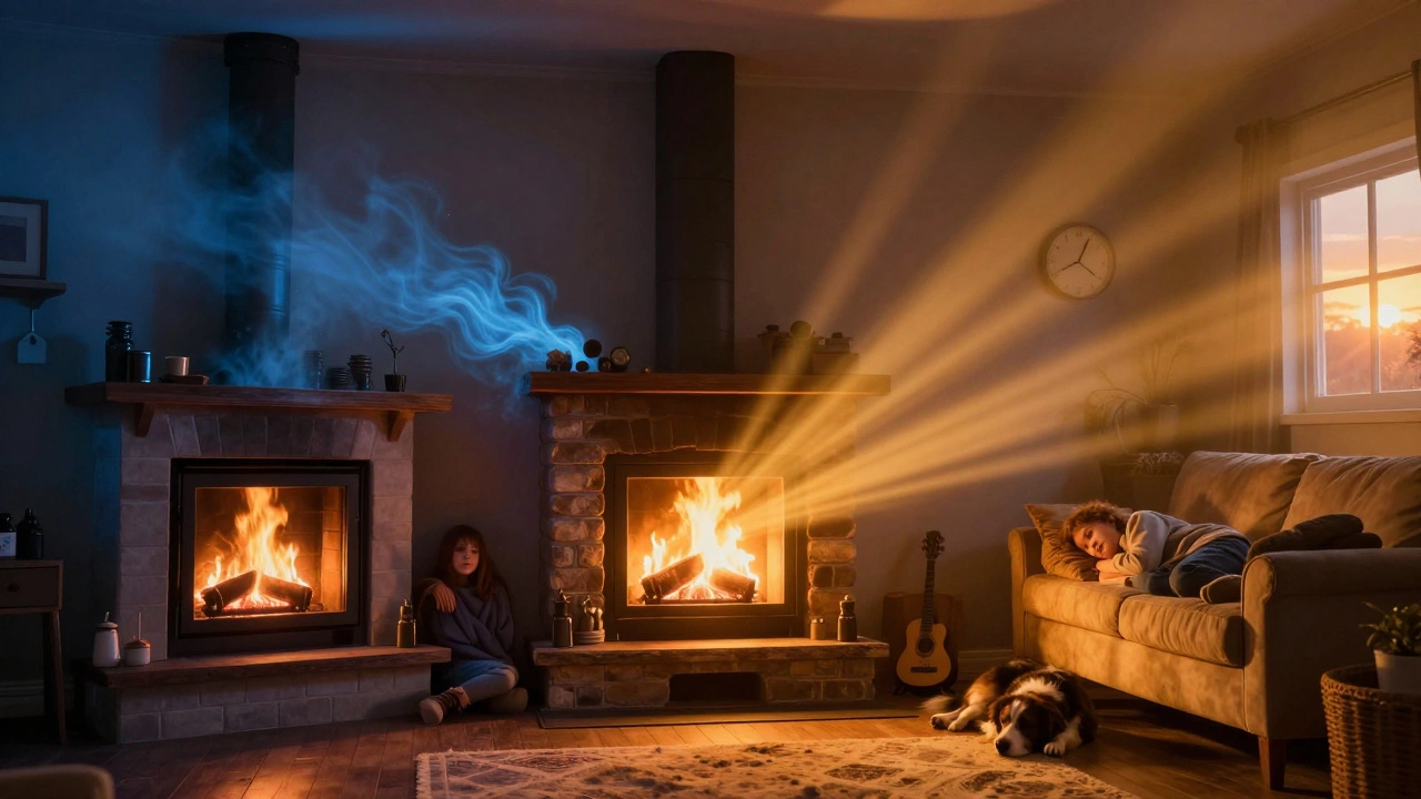 Сравнение: холодный воздух у открытого камина и тёплый свет у закрытого — две стороны одной истории.