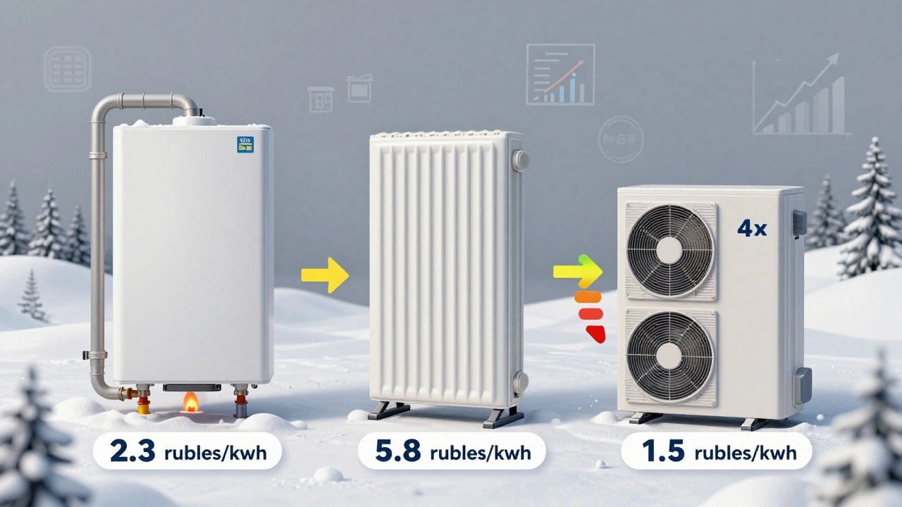 Сравнение стоимости отопления: газ, электричество и тепловой насос на фоне зимнего пейзажа.