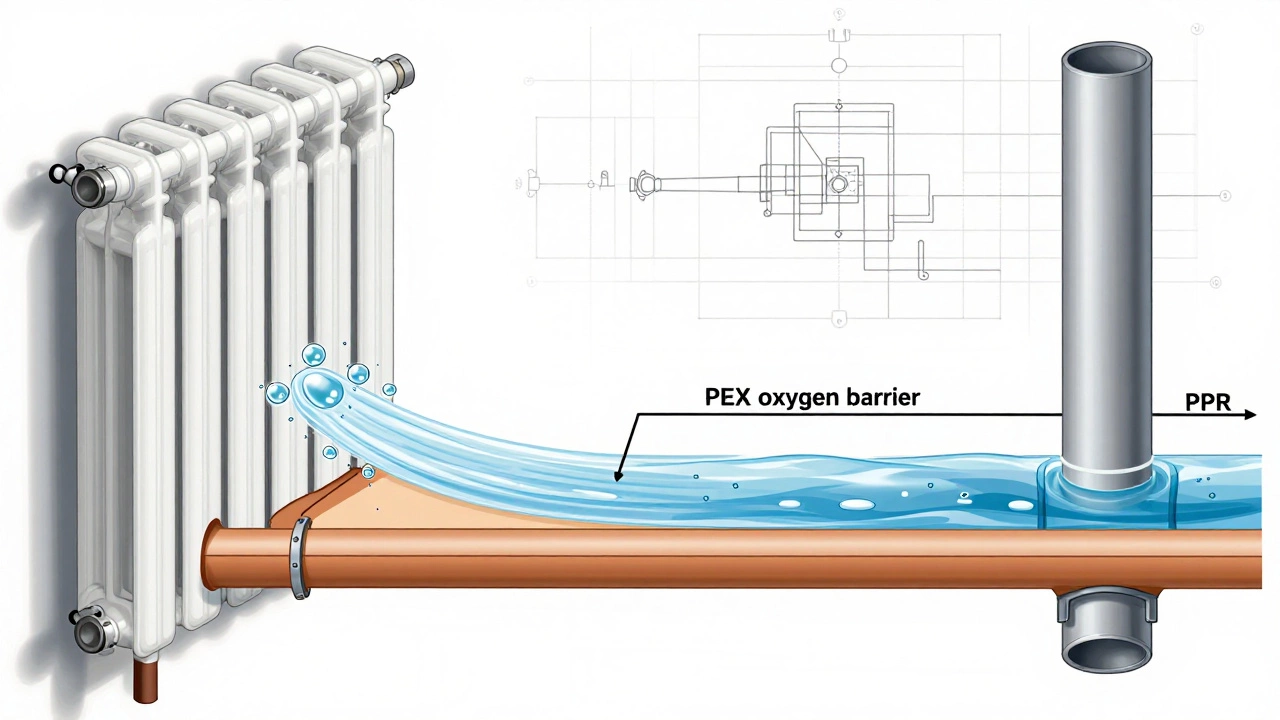 Сравнение труб: слева — PEX без барьера с коррозией, справа — с барьером и армированный PPR.