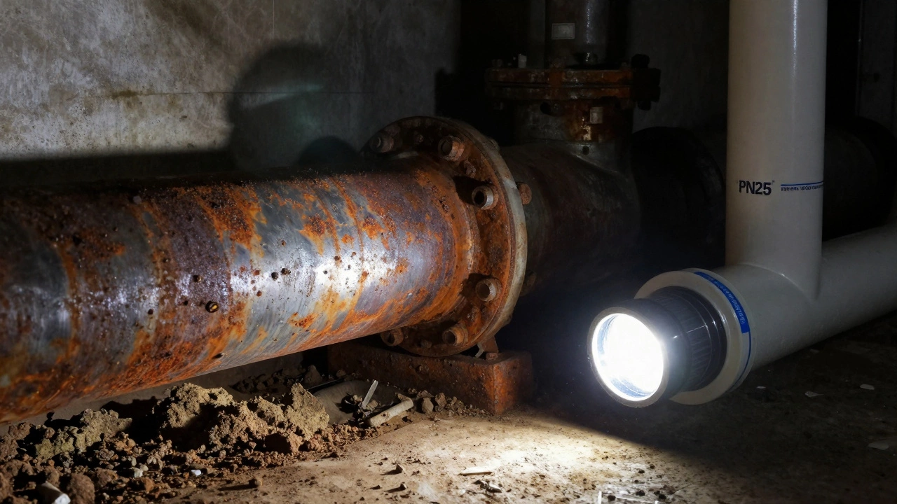 Старая оцинкованная труба с ржавчиной и накипью рядом с современной армированной трубой.