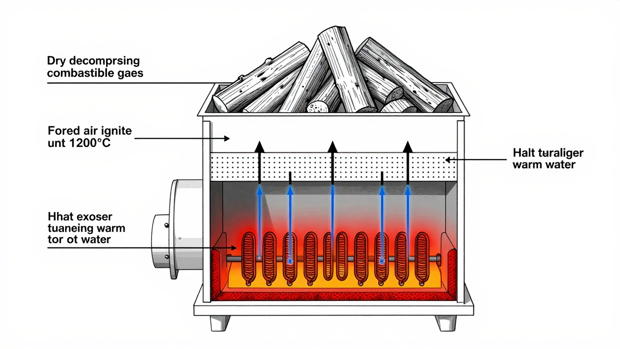 Технический чертеж пиролизного котла: поток газа из верхней камеры в нижнюю, где он сгорает при высокой температуре.