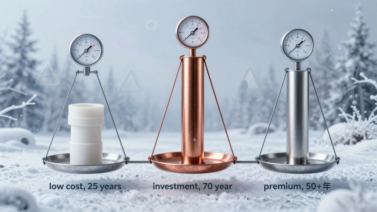 Три типа труб на весах: полипропилен, медь и нержавейка, символизирующие выбор между стоимостью и долговечностью.