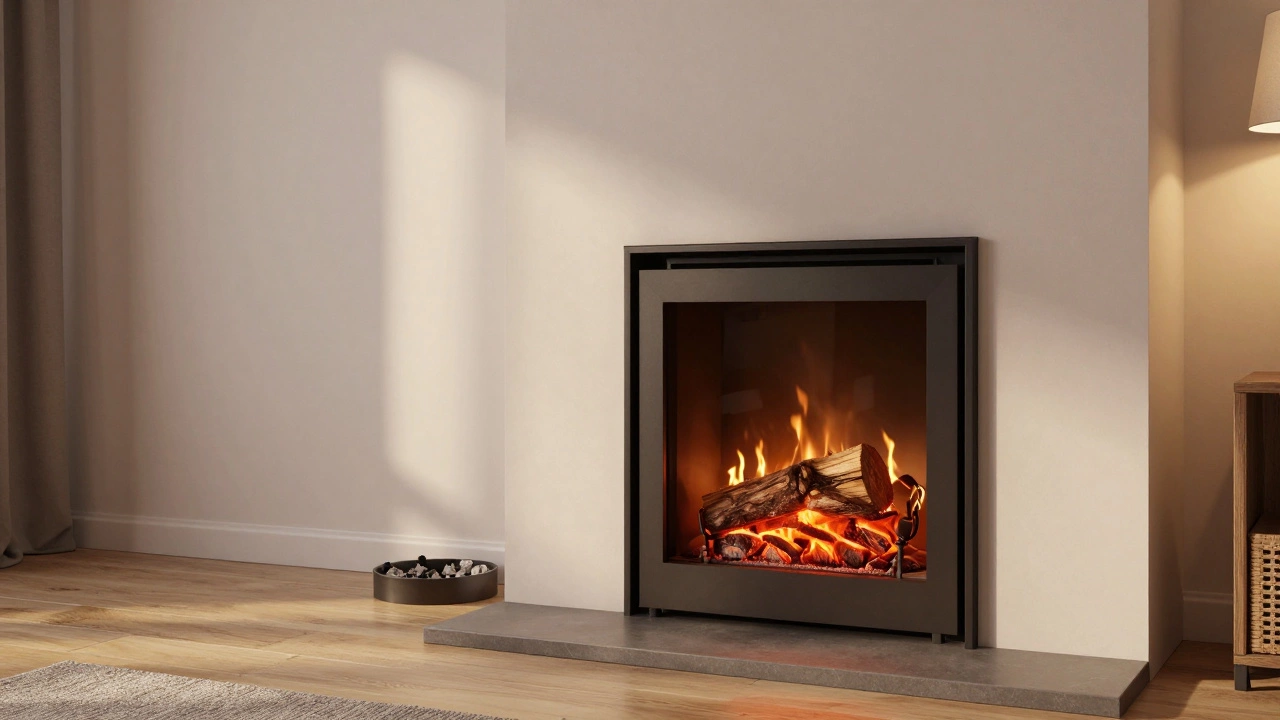 Закрытый камин с стеклянной дверцей, тлеющие дрова, тёплый свет в современной комнате.